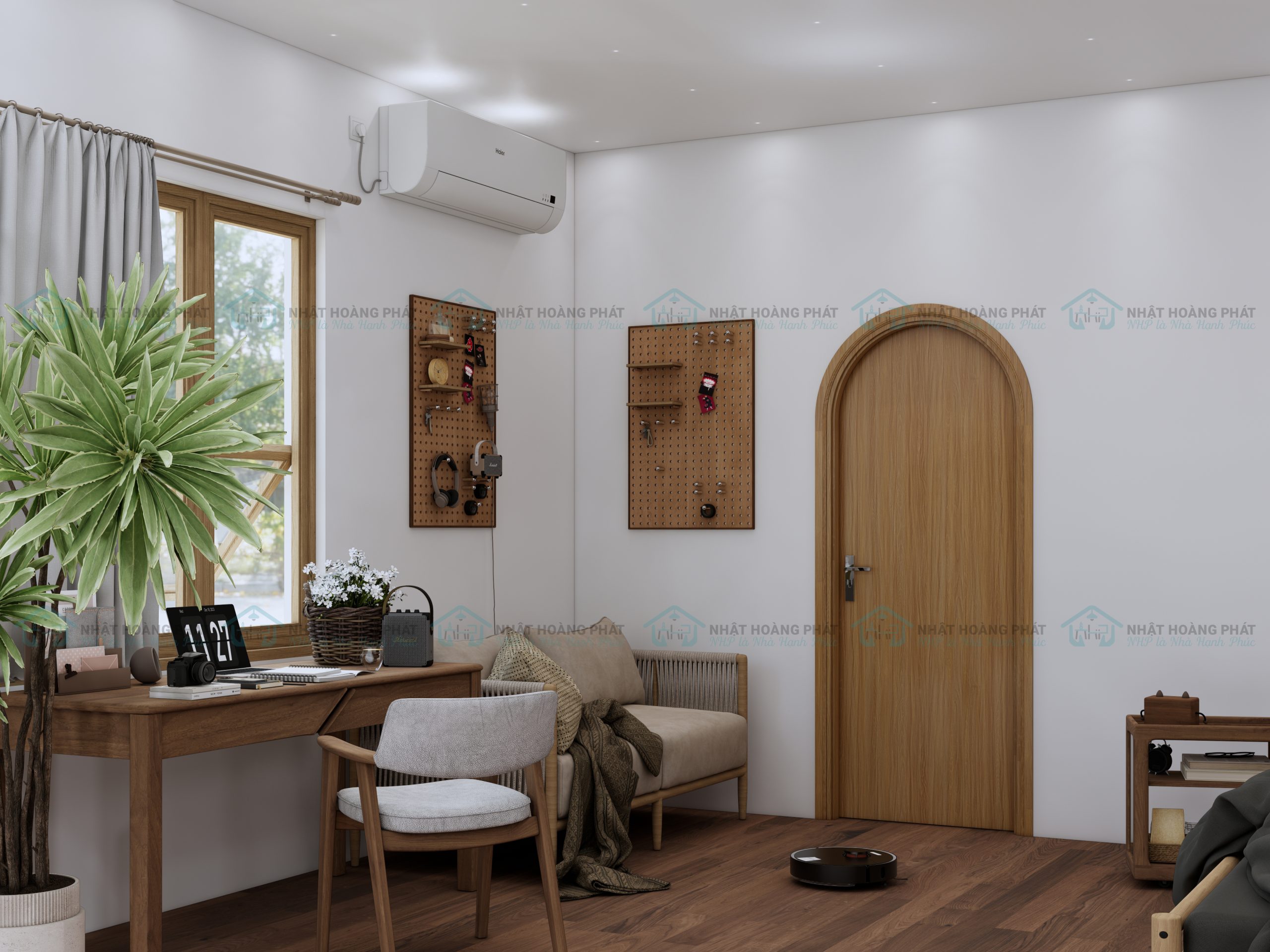 phối cảnh cửa vòm gỗ công nghiệp